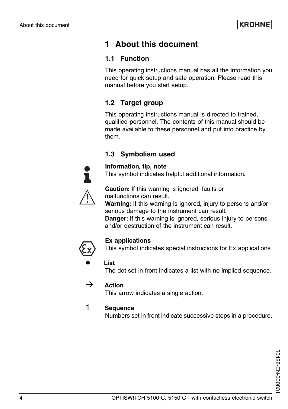 1 about this document, 1 function, 2 target group | 3 symbolism used | KROHNE OPTISWITCH 5100C Contactless EN User Manual | Page 4 / 32