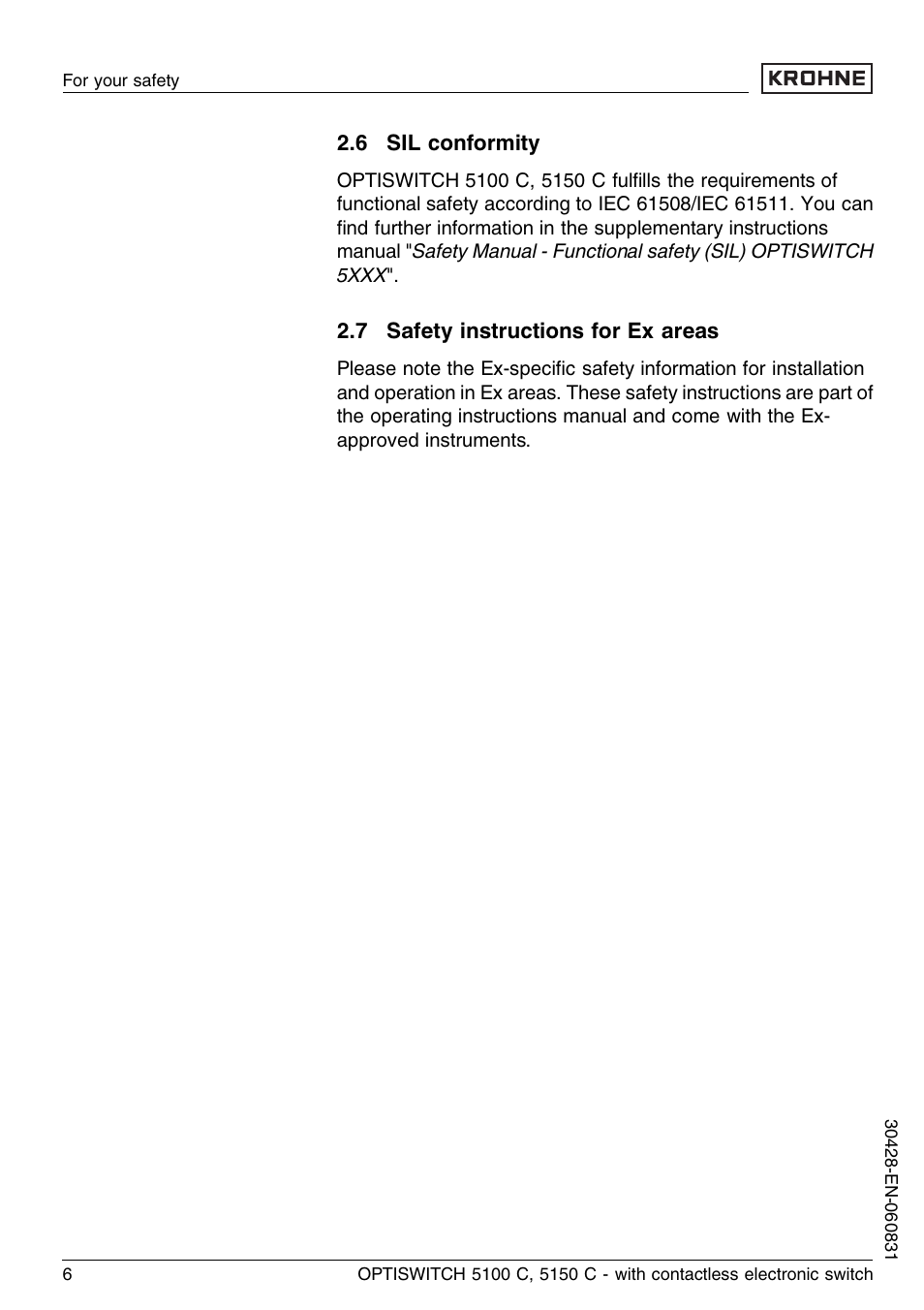 6 sil conformity, 7 safety instructions for ex areas | KROHNE OPTISWITCH 5100C Contactless EN User Manual | Page 6 / 32