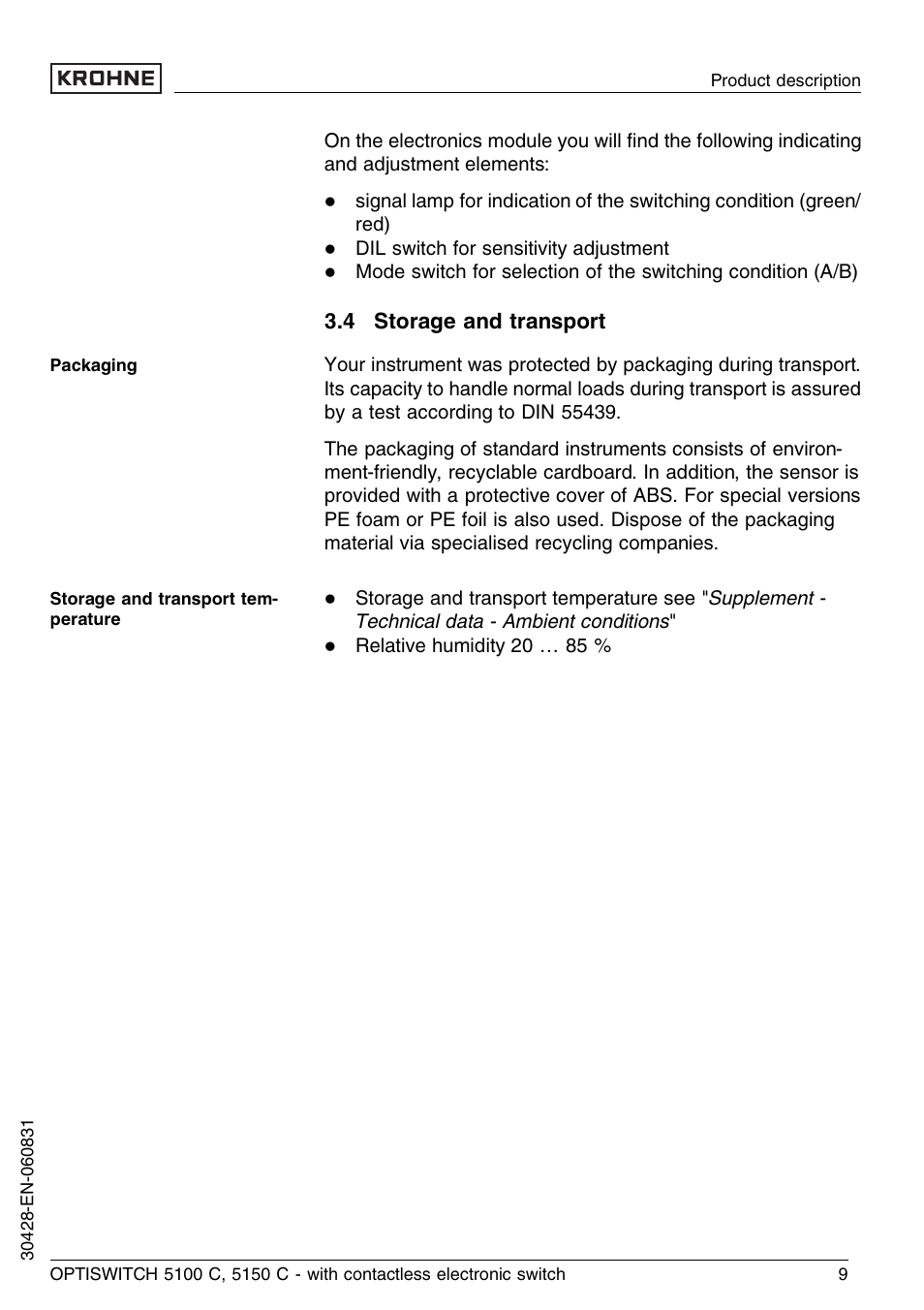 4 storage and transport | KROHNE OPTISWITCH 5100C Contactless EN User Manual | Page 9 / 32