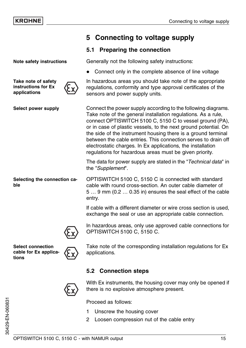 5 connecting to voltage supply, 1 preparing the connection, 2 connection steps | KROHNE OPTISWITCH 5100C Namur EN User Manual | Page 15 / 32