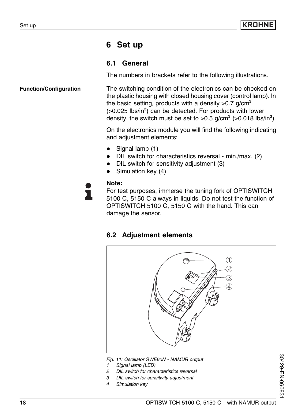 6 set up, 1 general, 2 adjustment elements | KROHNE OPTISWITCH 5100C Namur EN User Manual | Page 18 / 32