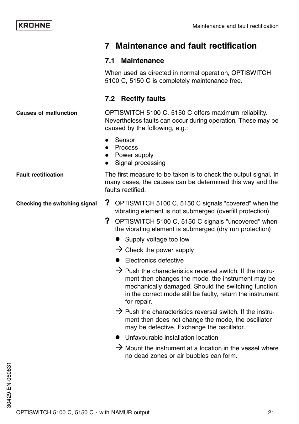 7 maintenance and fault rectification, 1 maintenance, 2 rectify faults | 7 maintenance and fault rectiﬁcation | KROHNE OPTISWITCH 5100C Namur EN User Manual | Page 21 / 32