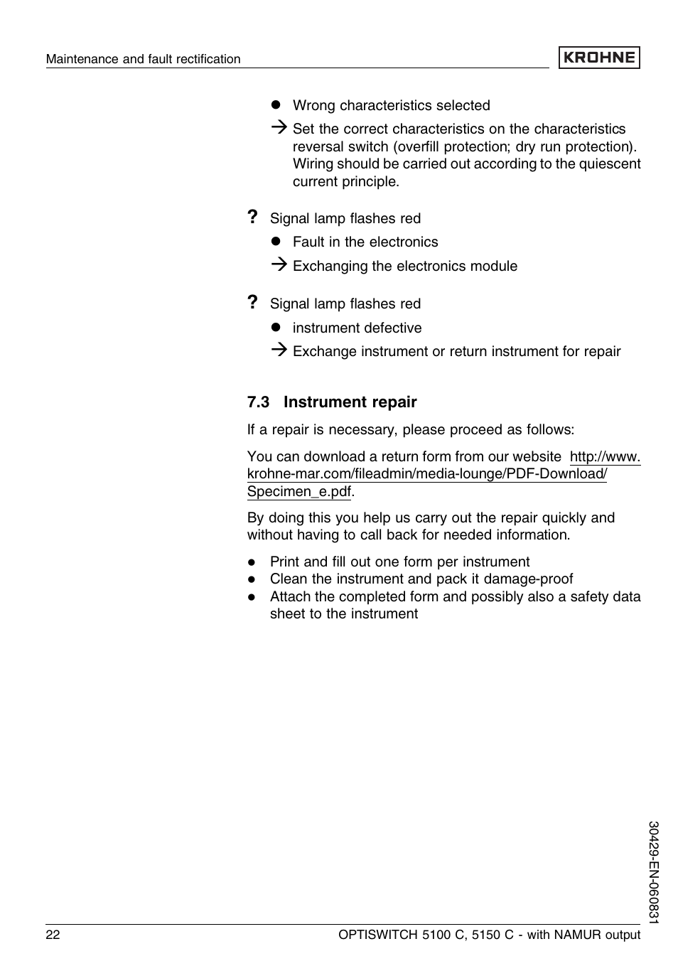 3 instrument repair | KROHNE OPTISWITCH 5100C Namur EN User Manual | Page 22 / 32