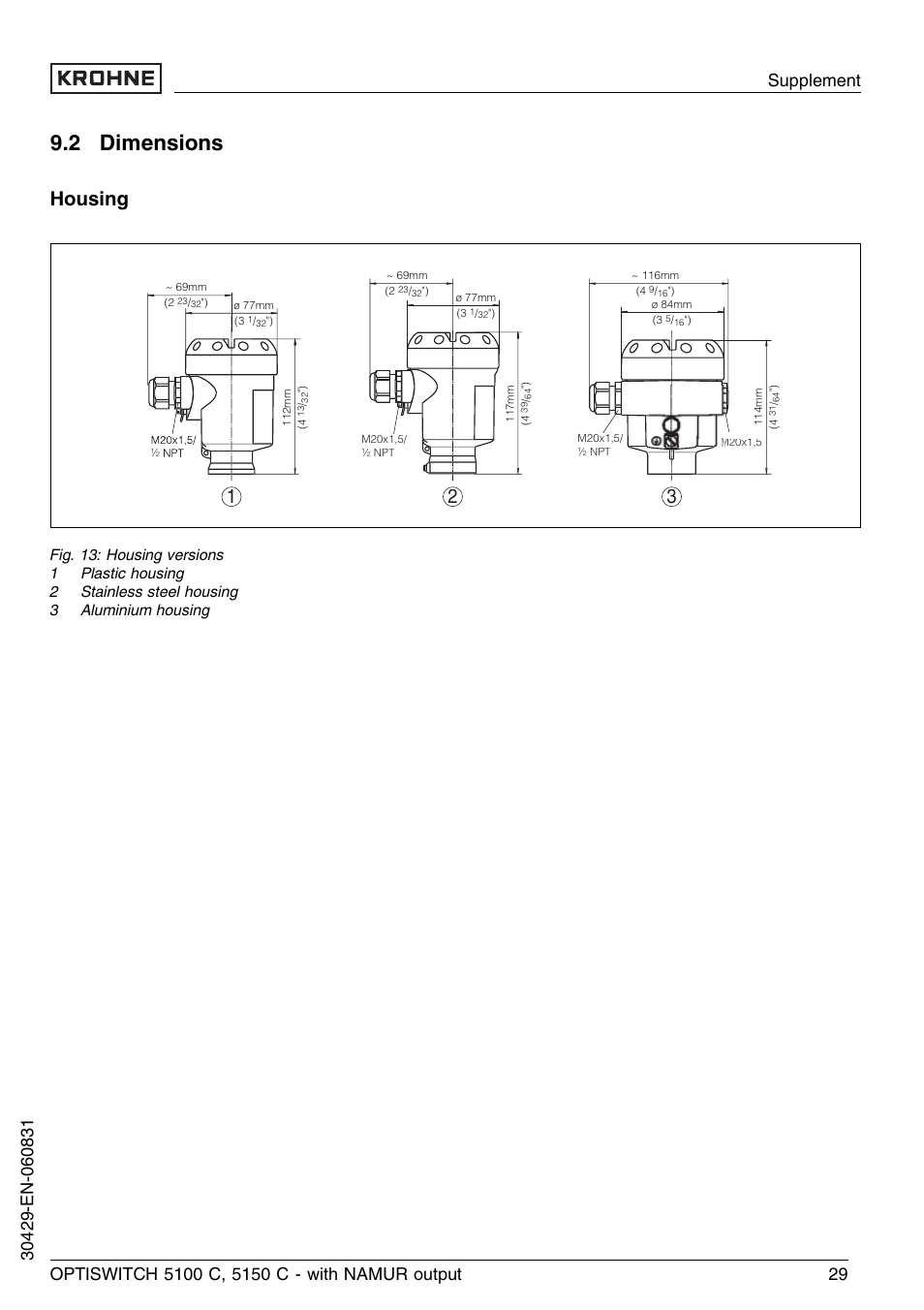 2 dimensions, Housing | KROHNE OPTISWITCH 5100C Namur EN User Manual | Page 29 / 32