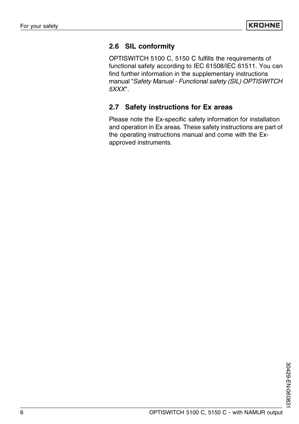 6 sil conformity, 7 safety instructions for ex areas | KROHNE OPTISWITCH 5100C Namur EN User Manual | Page 6 / 32