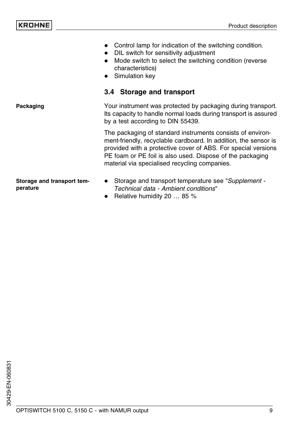4 storage and transport | KROHNE OPTISWITCH 5100C Namur EN User Manual | Page 9 / 32
