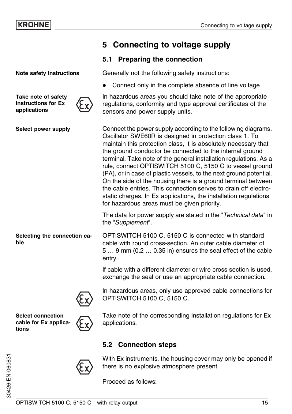 5 connecting to voltage supply, 1 preparing the connection, 2 connection steps | KROHNE OPTISWITCH 5100C Relay EN User Manual | Page 15 / 32