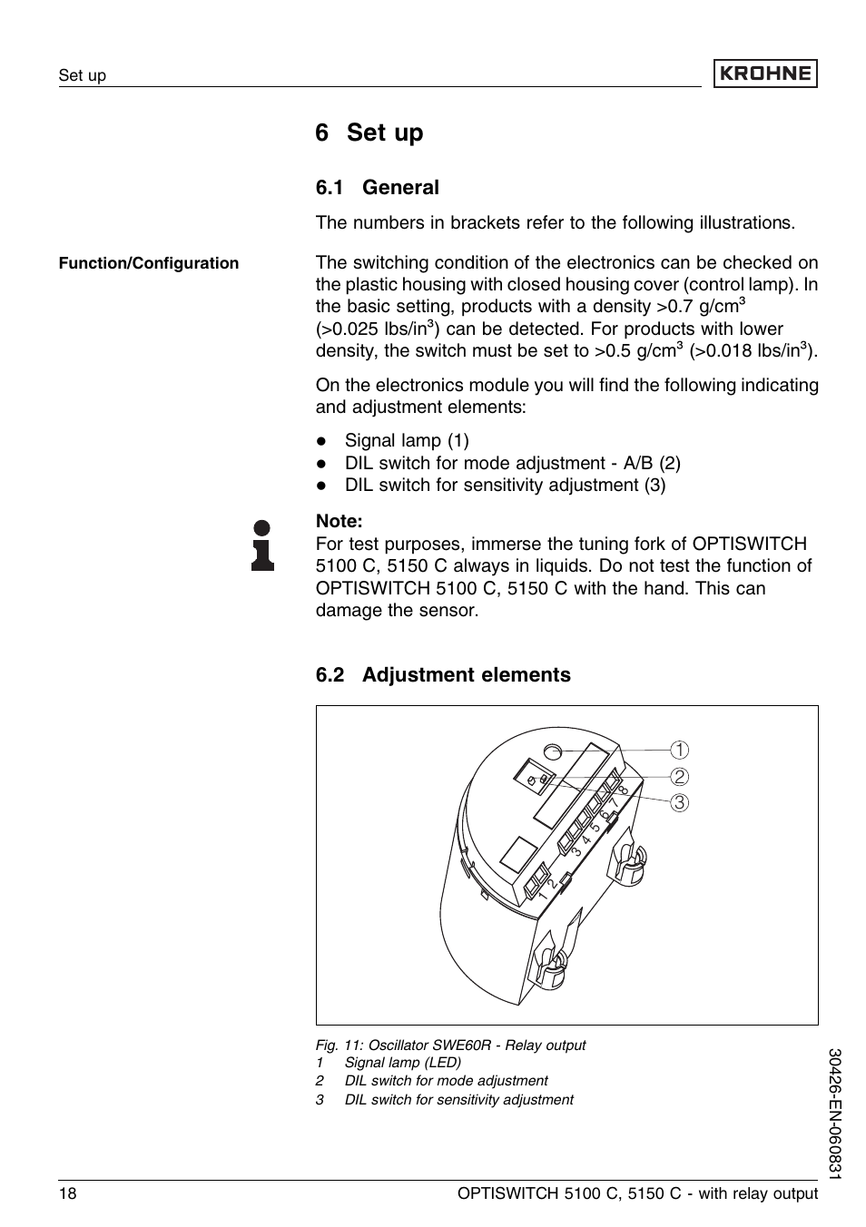 6 set up, 1 general, 2 adjustment elements | KROHNE OPTISWITCH 5100C Relay EN User Manual | Page 18 / 32