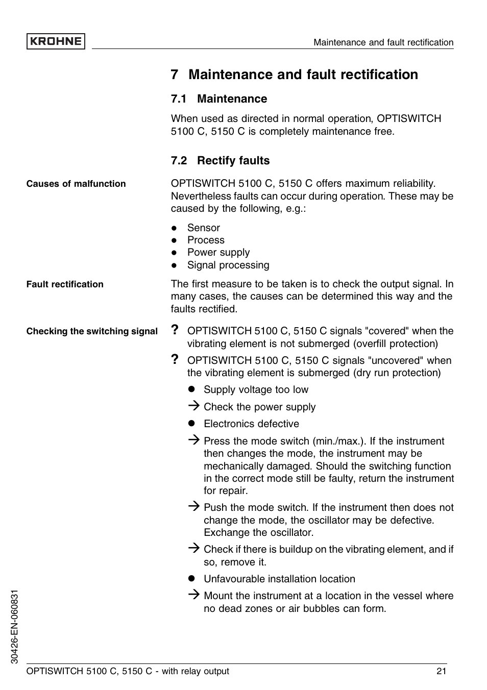 7 maintenance and fault rectification, 1 maintenance, 2 rectify faults | 7 maintenance and fault rectiﬁcation | KROHNE OPTISWITCH 5100C Relay EN User Manual | Page 21 / 32