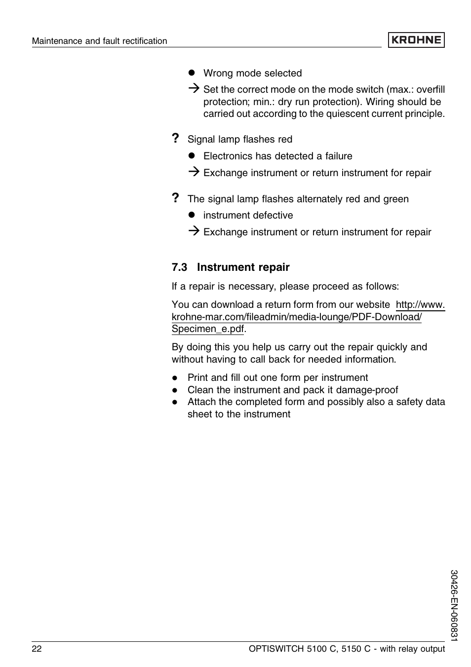 3 instrument repair | KROHNE OPTISWITCH 5100C Relay EN User Manual | Page 22 / 32