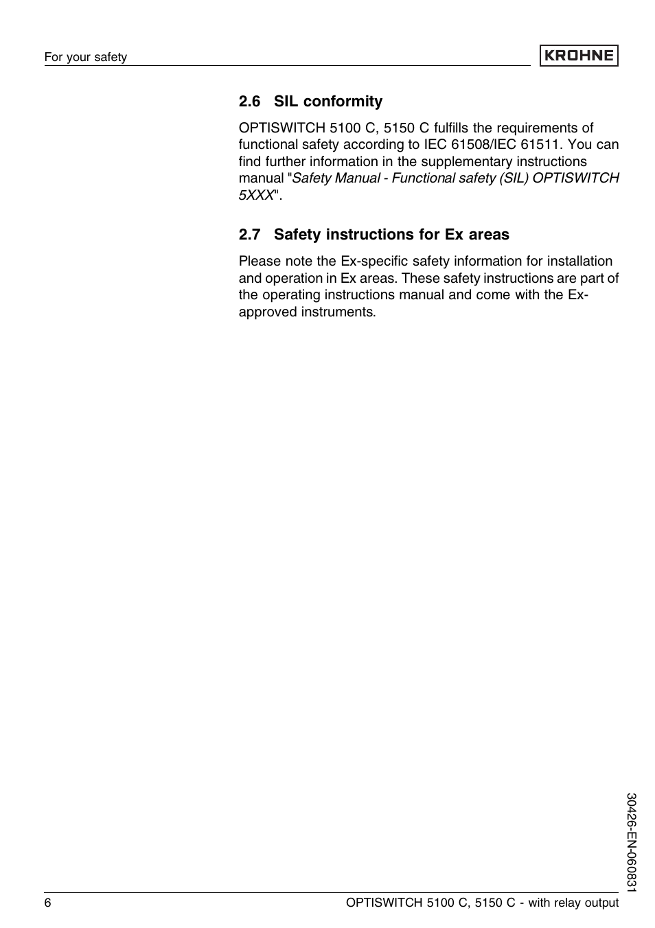 6 sil conformity, 7 safety instructions for ex areas | KROHNE OPTISWITCH 5100C Relay EN User Manual | Page 6 / 32