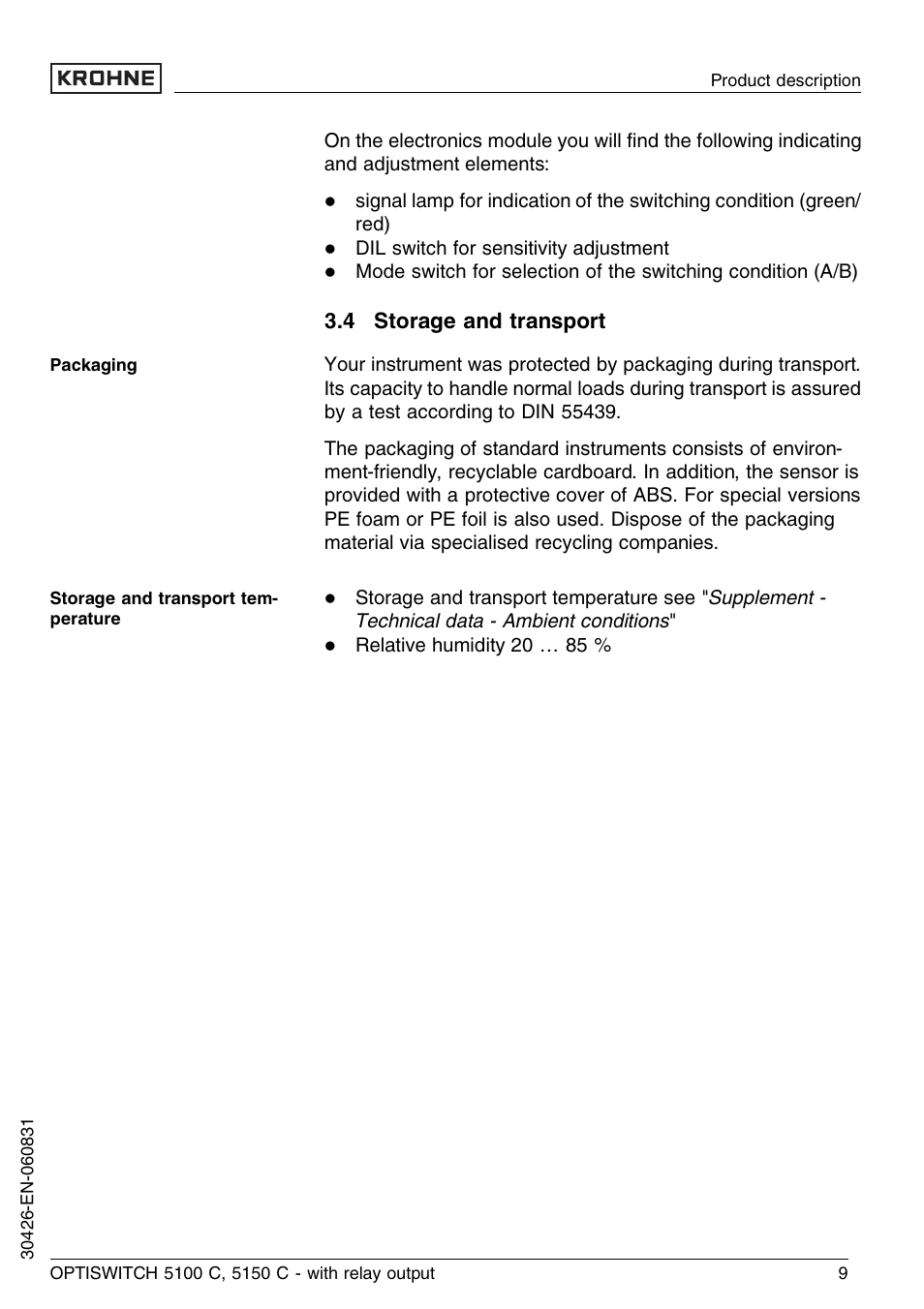 4 storage and transport | KROHNE OPTISWITCH 5100C Relay EN User Manual | Page 9 / 32