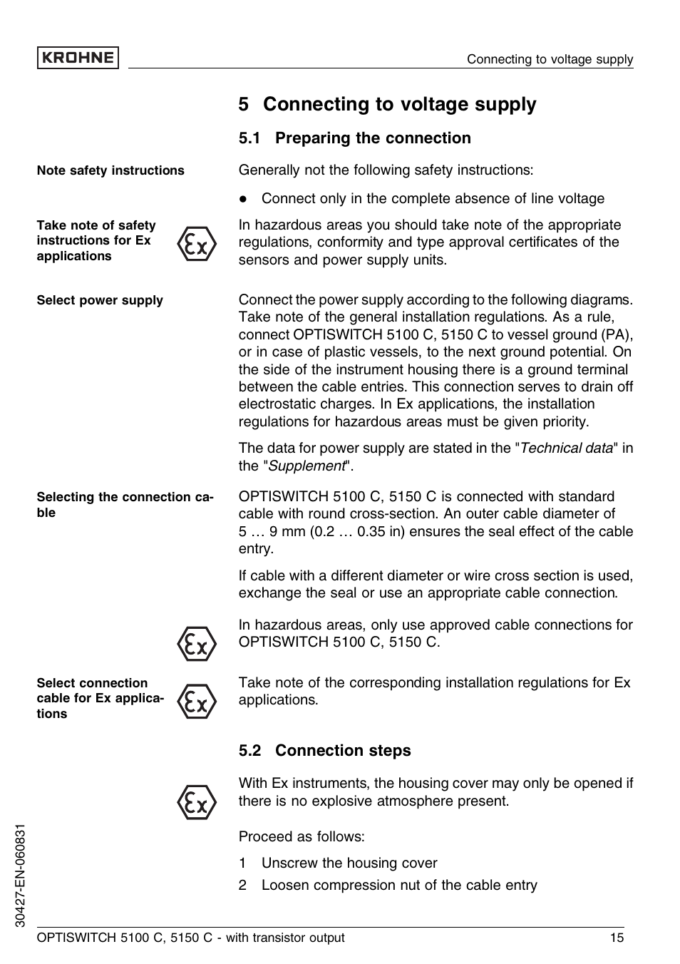 5 connecting to voltage supply, 1 preparing the connection, 2 connection steps | KROHNE OPTISWITCH 5100C Transistor EN User Manual | Page 15 / 32