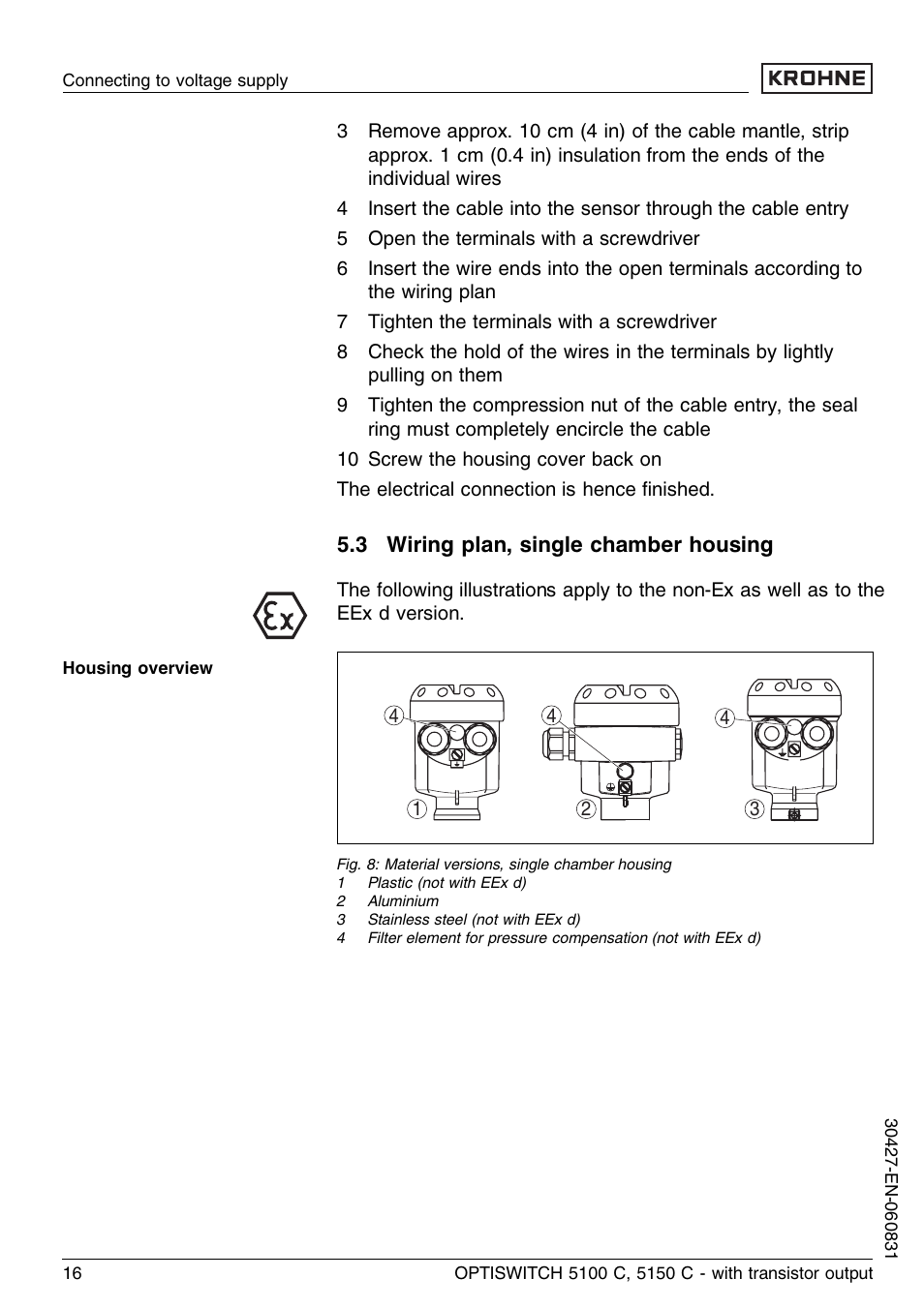 3 wiring plan, single chamber housing | KROHNE OPTISWITCH 5100C Transistor EN User Manual | Page 16 / 32