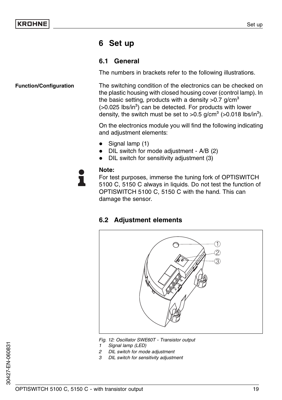 6 set up, 1 general, 2 adjustment elements | KROHNE OPTISWITCH 5100C Transistor EN User Manual | Page 19 / 32
