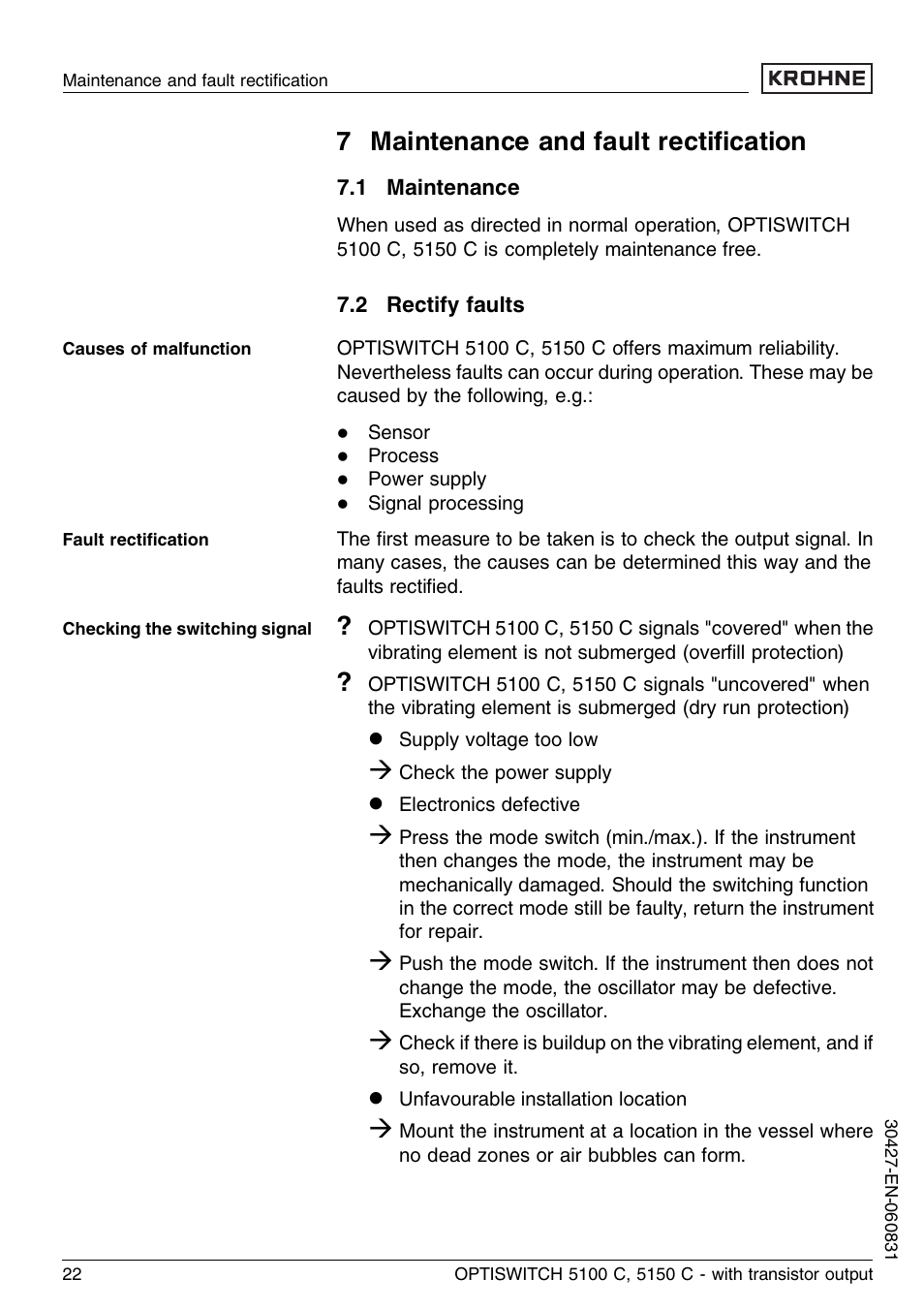7 maintenance and fault rectification, 1 maintenance, 2 rectify faults | 7 maintenance and fault rectiﬁcation | KROHNE OPTISWITCH 5100C Transistor EN User Manual | Page 22 / 32