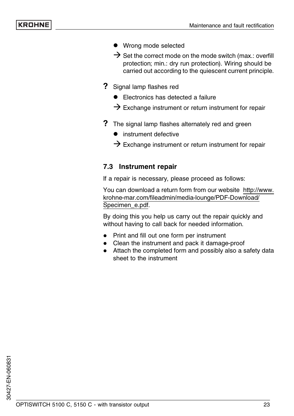 3 instrument repair | KROHNE OPTISWITCH 5100C Transistor EN User Manual | Page 23 / 32