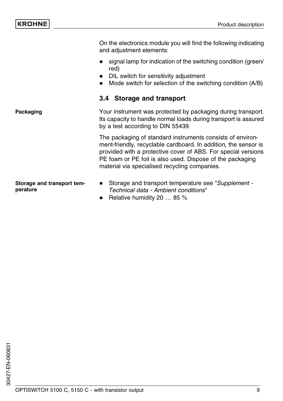 4 storage and transport | KROHNE OPTISWITCH 5100C Transistor EN User Manual | Page 9 / 32