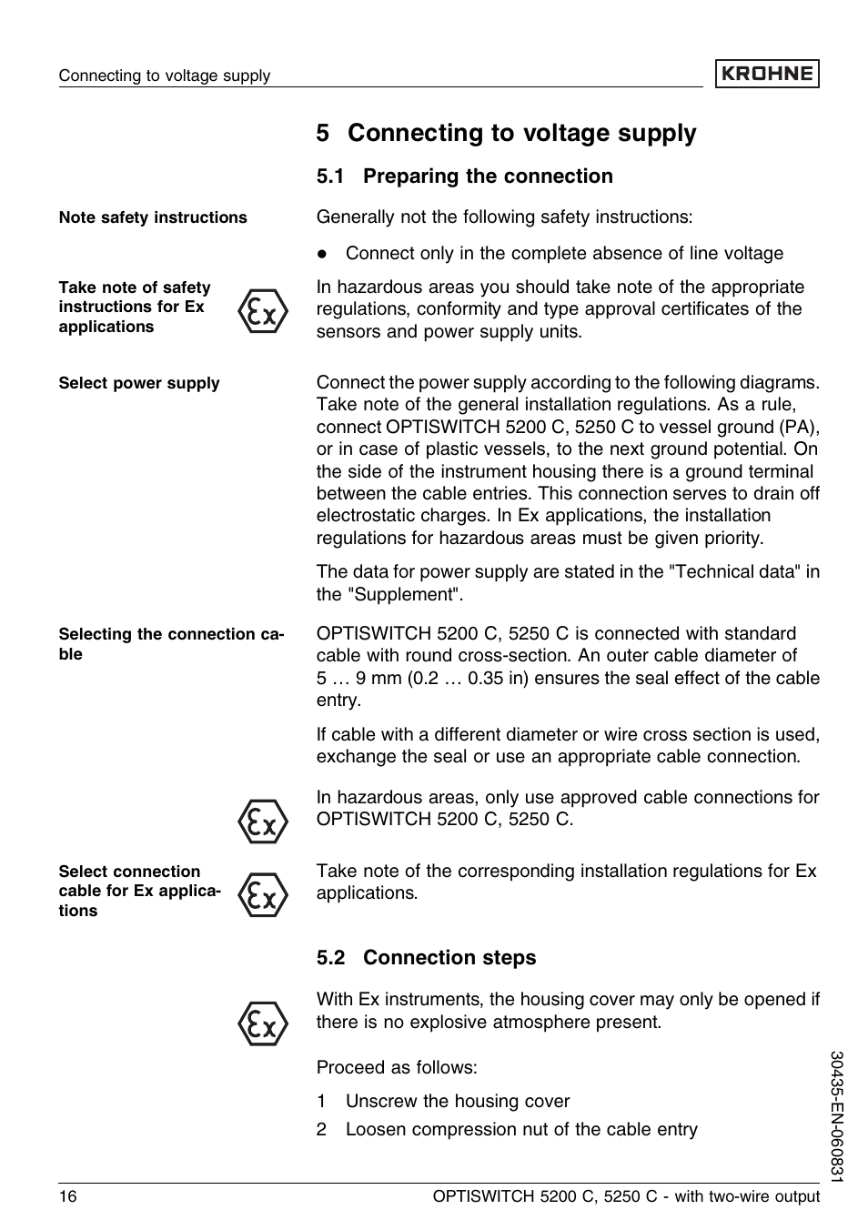 5 connecting to voltage supply, 1 preparing the connection, 2 connection steps | KROHNE OPTISWITCH 5200C 2wire EN User Manual | Page 16 / 36