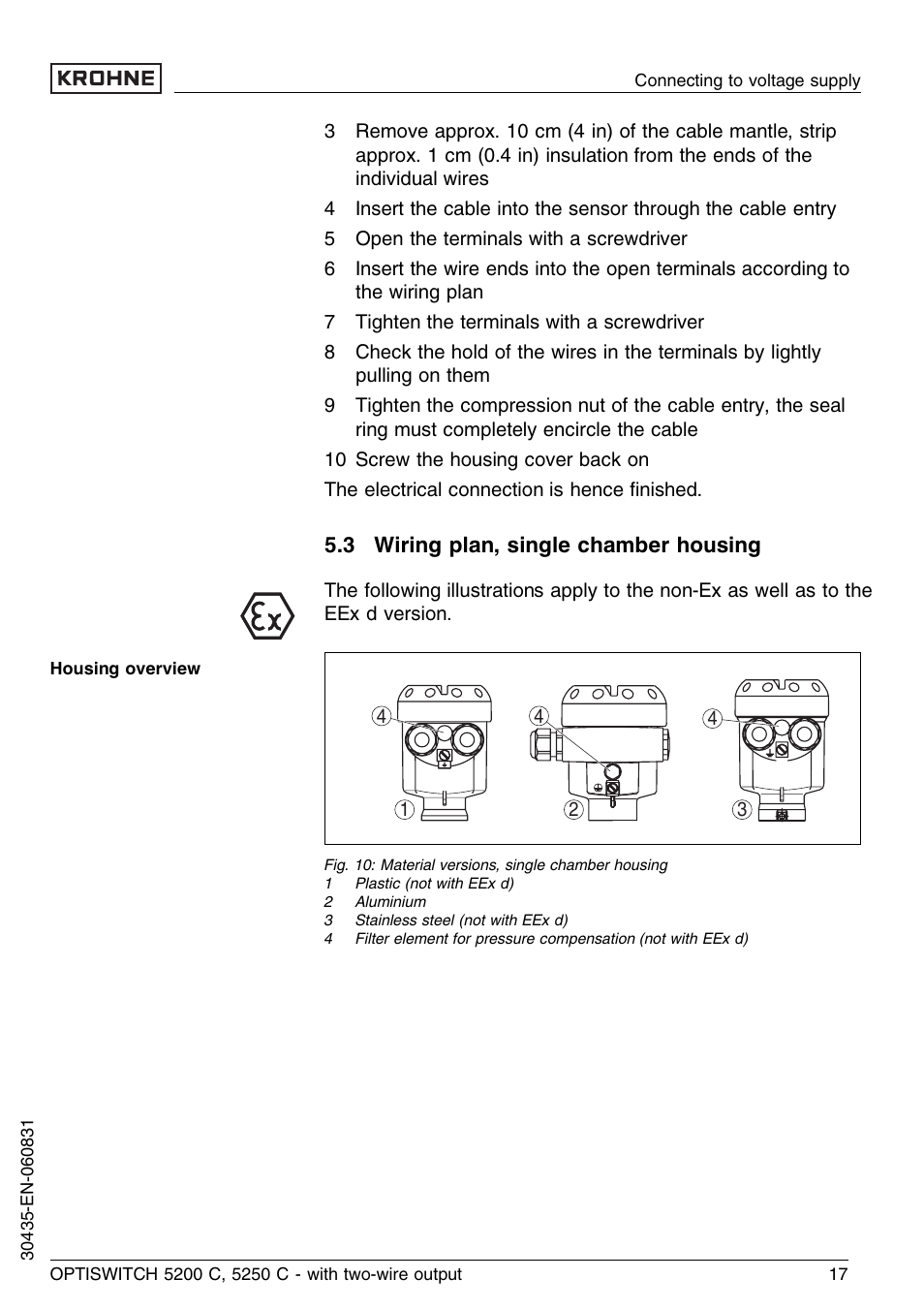 3 wiring plan, single chamber housing | KROHNE OPTISWITCH 5200C 2wire EN User Manual | Page 17 / 36