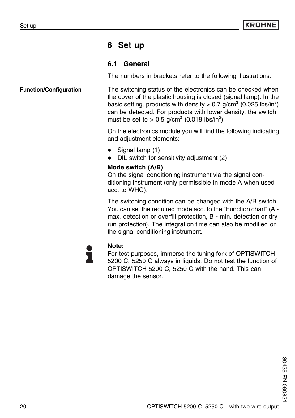 6 set up, 1 general | KROHNE OPTISWITCH 5200C 2wire EN User Manual | Page 20 / 36