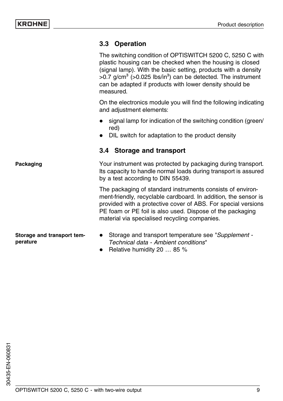 3 operation, 4 storage and transport | KROHNE OPTISWITCH 5200C 2wire EN User Manual | Page 9 / 36