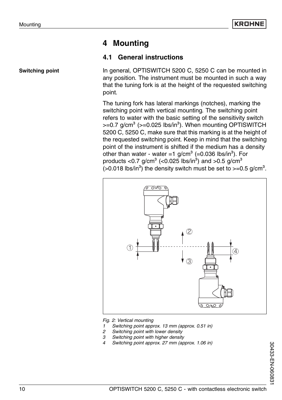 4 mounting, 1 general instructions | KROHNE OPTISWITCH 5200C Contactless EN User Manual | Page 10 / 36