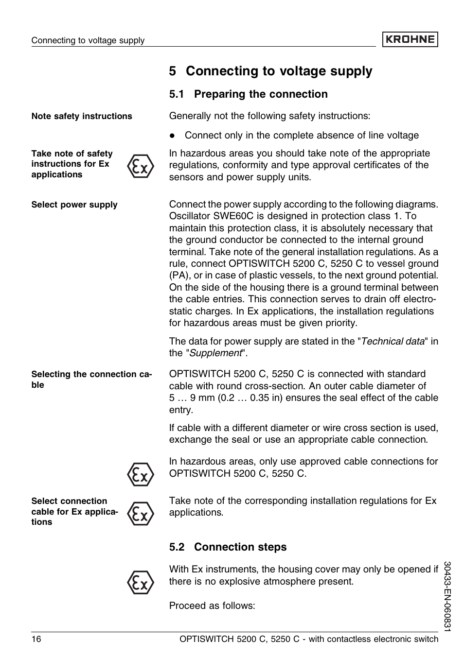 5 connecting to voltage supply, 1 preparing the connection, 2 connection steps | KROHNE OPTISWITCH 5200C Contactless EN User Manual | Page 16 / 36