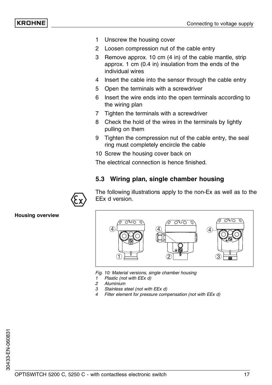 3 wiring plan, single chamber housing | KROHNE OPTISWITCH 5200C Contactless EN User Manual | Page 17 / 36