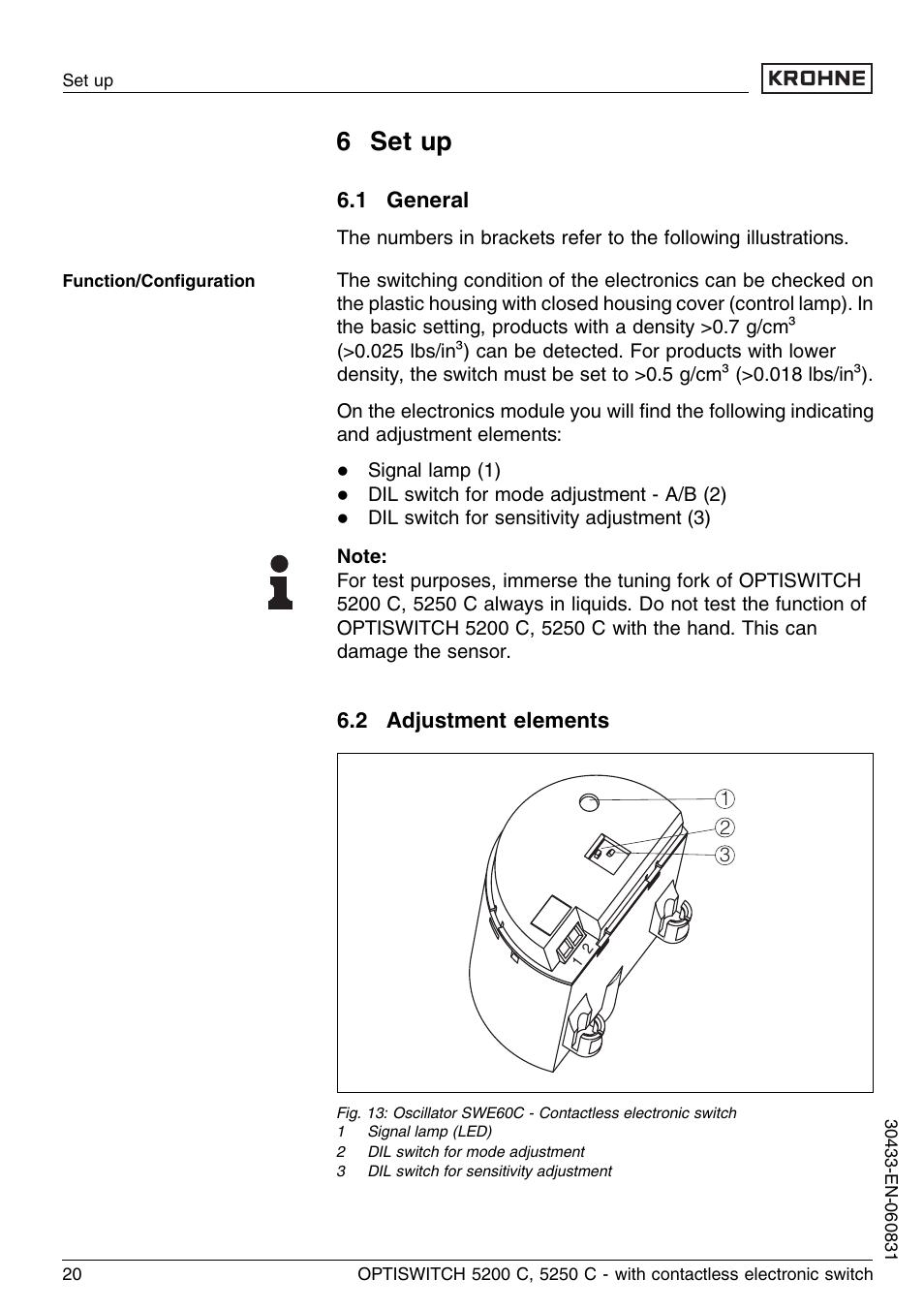 6 set up, 1 general, 2 adjustment elements | KROHNE OPTISWITCH 5200C Contactless EN User Manual | Page 20 / 36