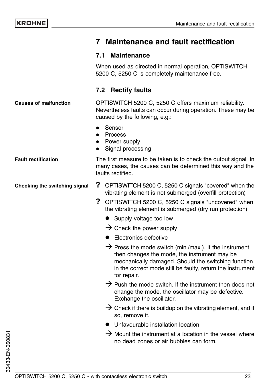 7 maintenance and fault rectification, 1 maintenance, 2 rectify faults | 7 maintenance and fault rectiﬁcation | KROHNE OPTISWITCH 5200C Contactless EN User Manual | Page 23 / 36