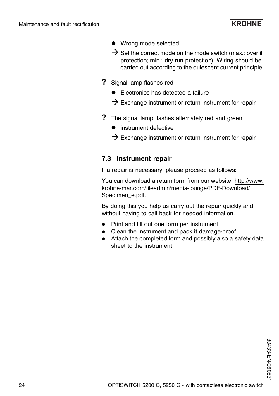 3 instrument repair | KROHNE OPTISWITCH 5200C Contactless EN User Manual | Page 24 / 36