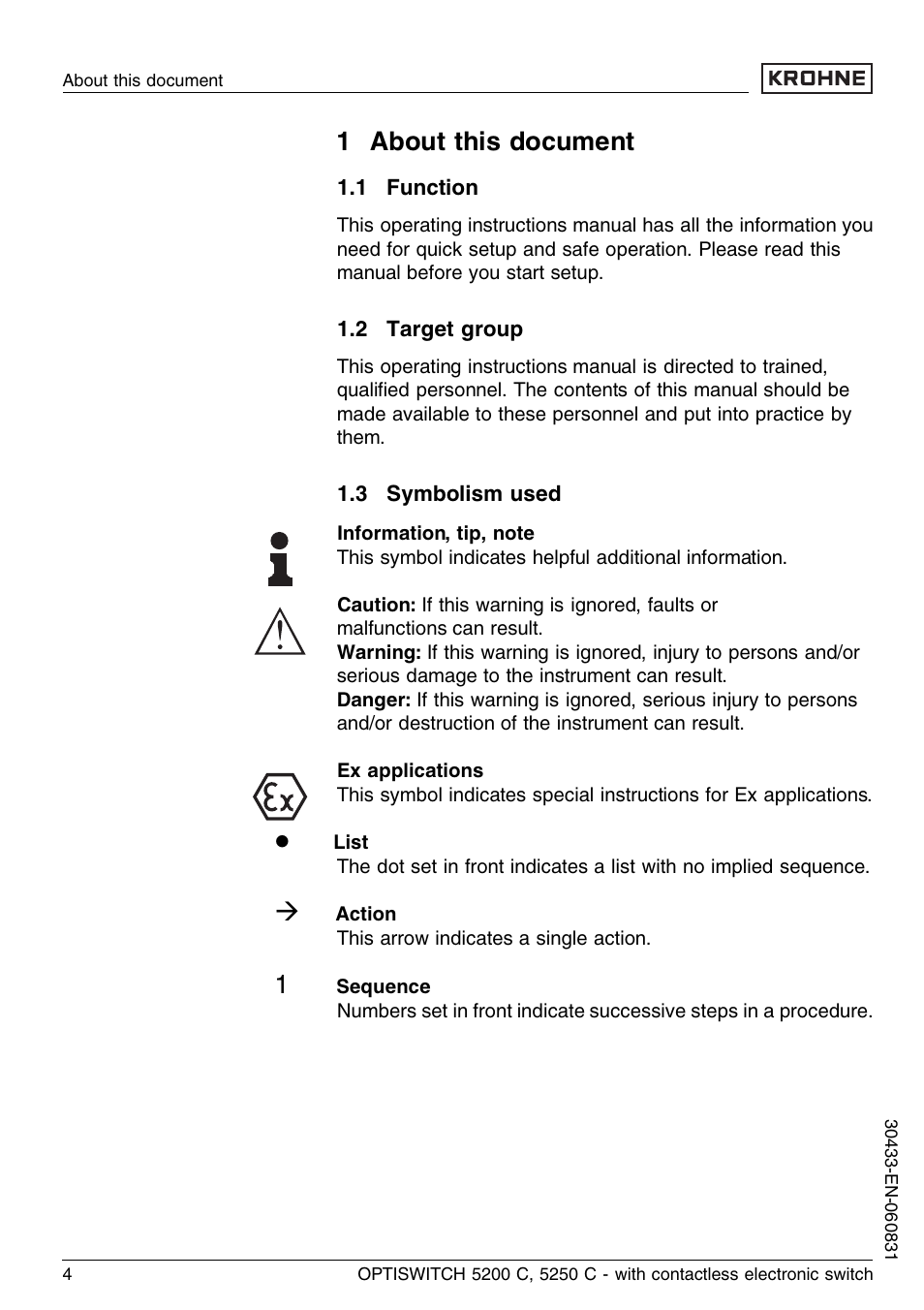 1 about this document, 1 function, 2 target group | 3 symbolism used | KROHNE OPTISWITCH 5200C Contactless EN User Manual | Page 4 / 36
