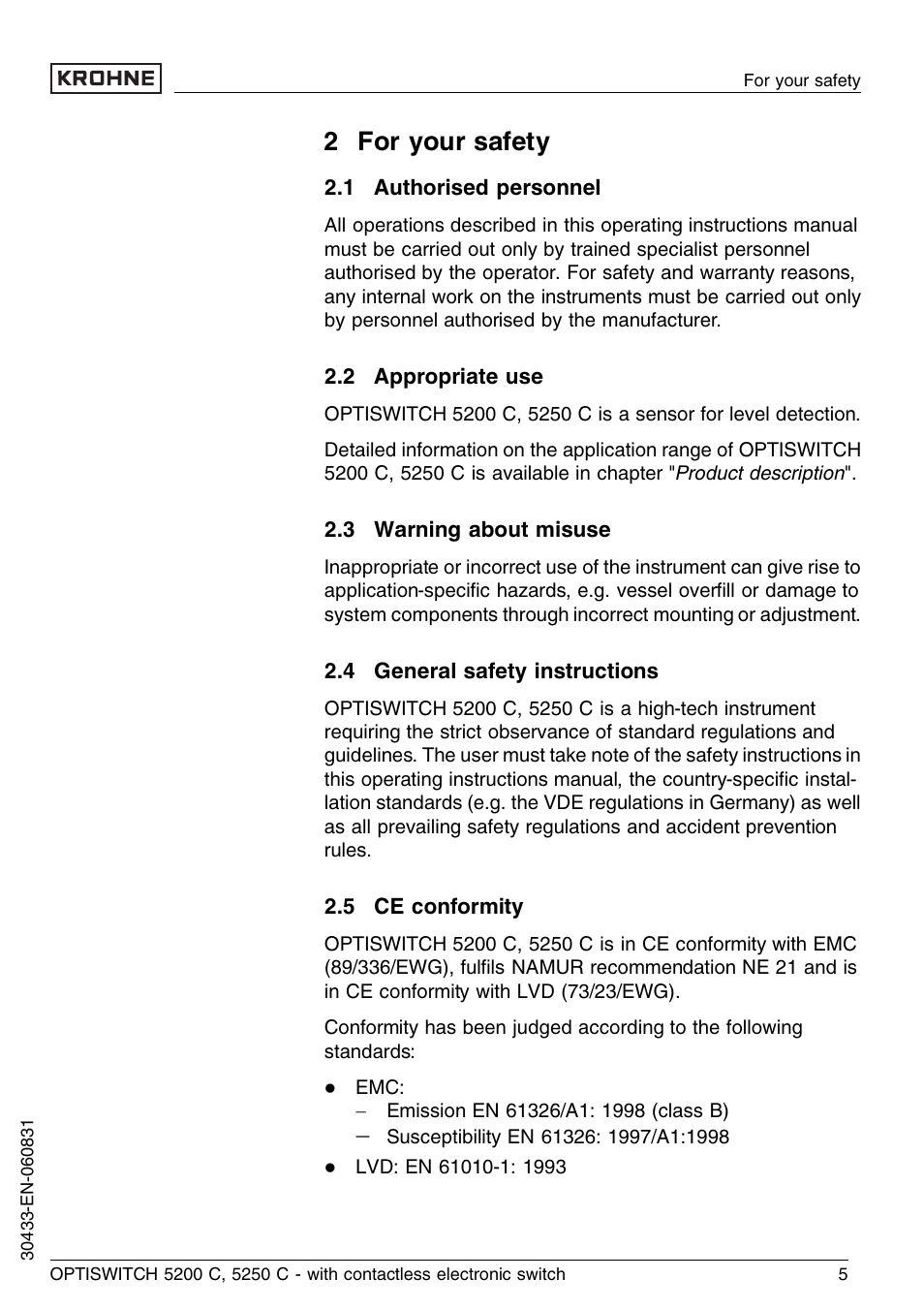 2 for your safety, 1 authorised personnel, 2 appropriate use | 3 warning about misuse, 4 general safety instructions, 5 ce conformity | KROHNE OPTISWITCH 5200C Contactless EN User Manual | Page 5 / 36