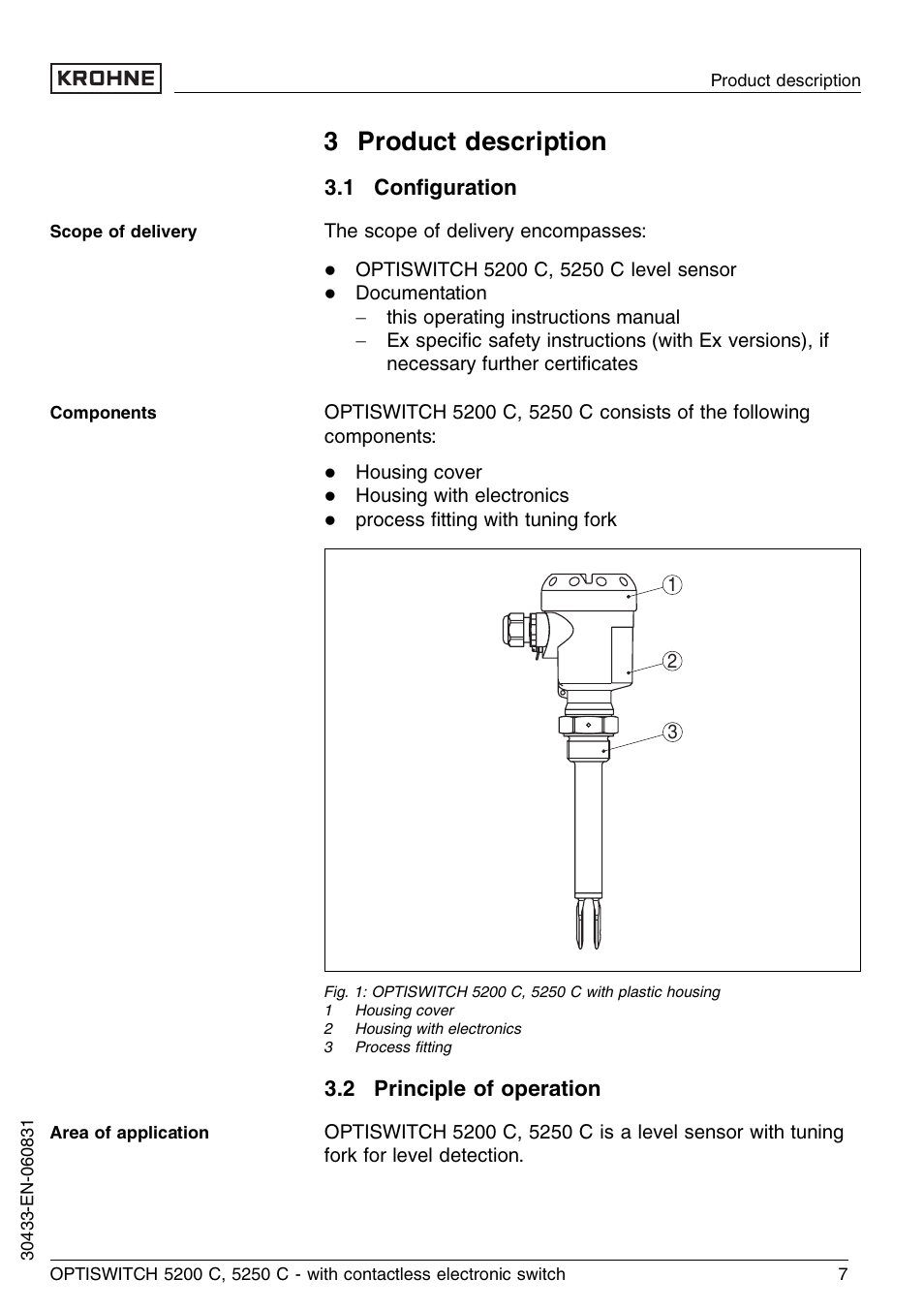 3 product description, 1 configuration, 2 principle of operation | 1 conﬁguration | KROHNE OPTISWITCH 5200C Contactless EN User Manual | Page 7 / 36