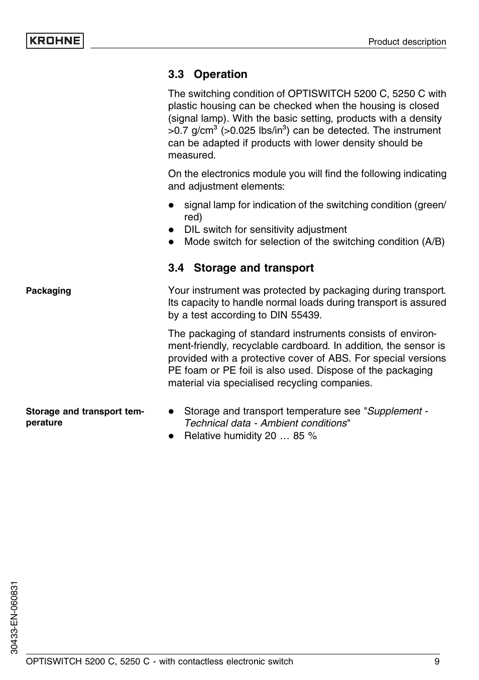 3 operation, 4 storage and transport | KROHNE OPTISWITCH 5200C Contactless EN User Manual | Page 9 / 36
