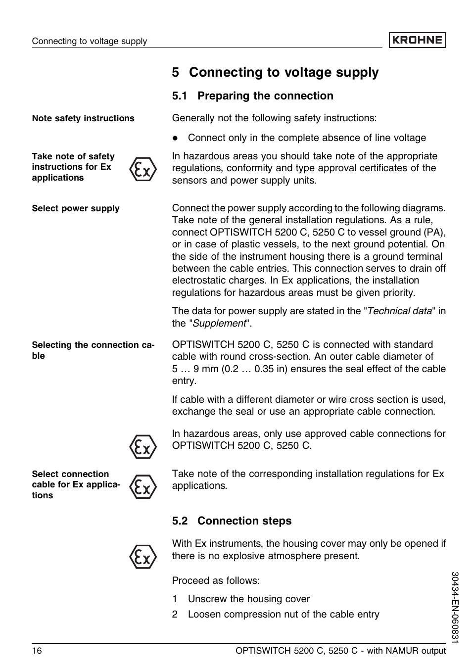 5 connecting to voltage supply, 1 preparing the connection, 2 connection steps | KROHNE OPTISWITCH 5200C Namur EN User Manual | Page 16 / 36