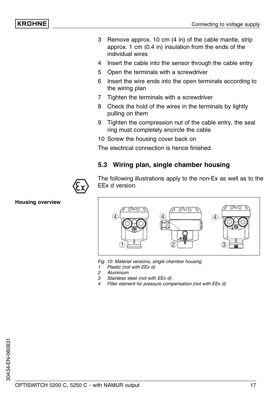 3 wiring plan, single chamber housing | KROHNE OPTISWITCH 5200C Namur EN User Manual | Page 17 / 36