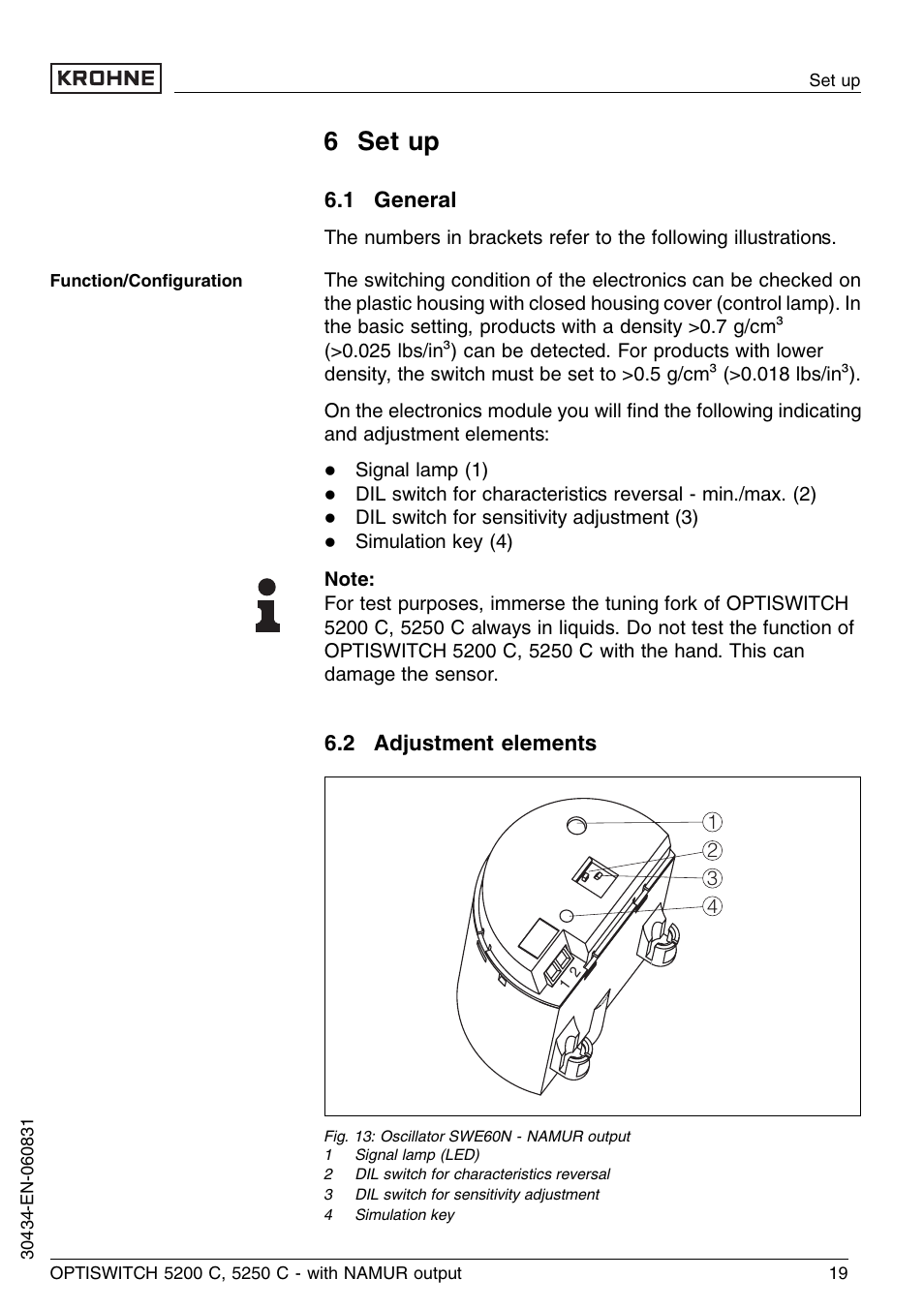 6 set up, 1 general, 2 adjustment elements | KROHNE OPTISWITCH 5200C Namur EN User Manual | Page 19 / 36