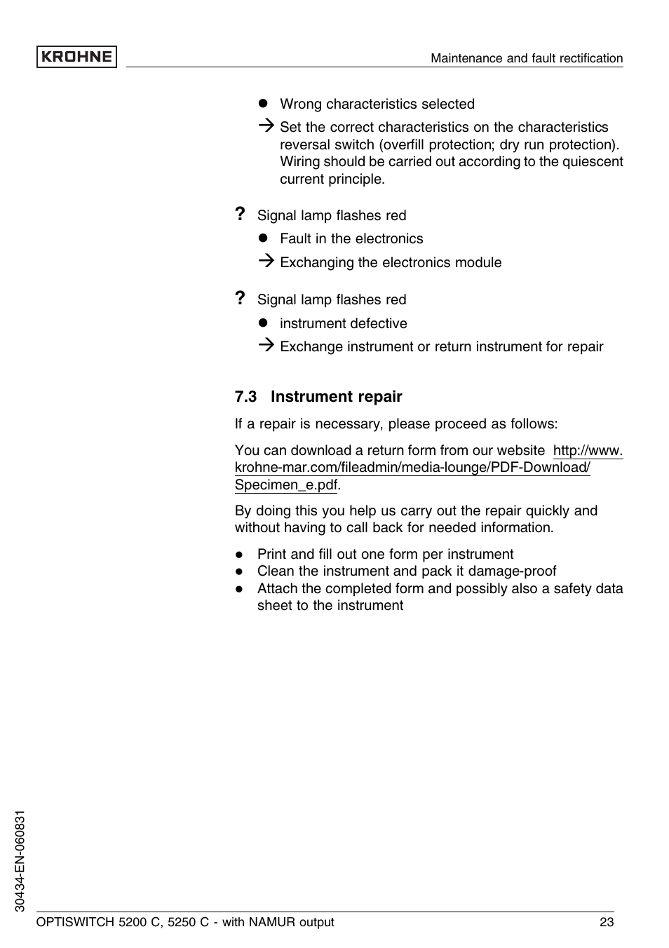 3 instrument repair | KROHNE OPTISWITCH 5200C Namur EN User Manual | Page 23 / 36