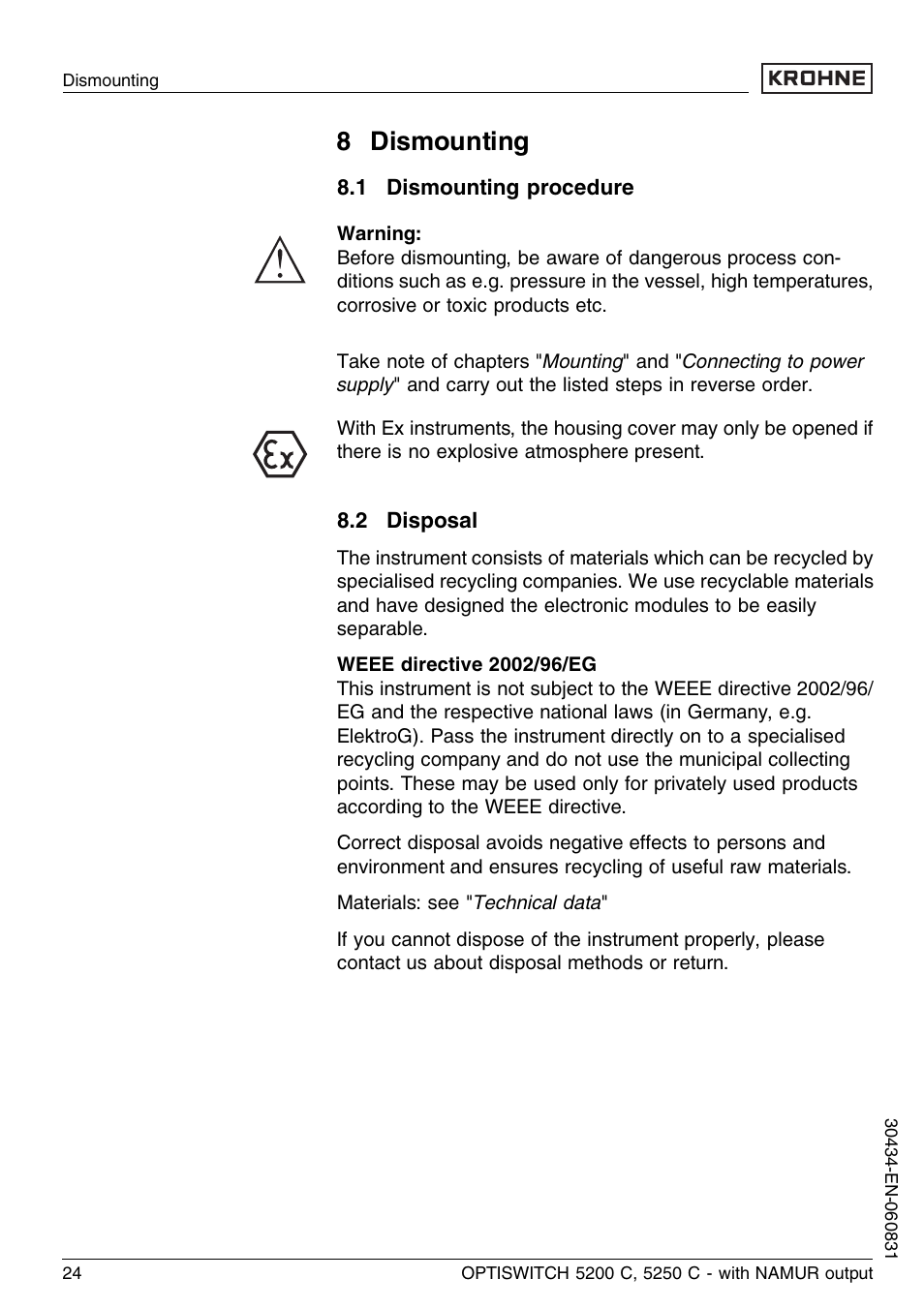 8 dismounting, 1 dismounting procedure, 2 disposal | KROHNE OPTISWITCH 5200C Namur EN User Manual | Page 24 / 36