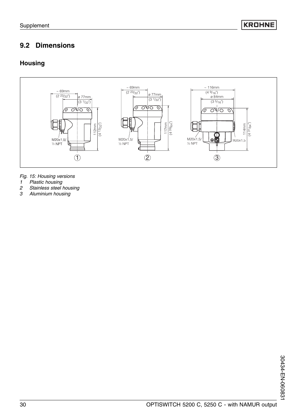 2 dimensions, Housing | KROHNE OPTISWITCH 5200C Namur EN User Manual | Page 30 / 36