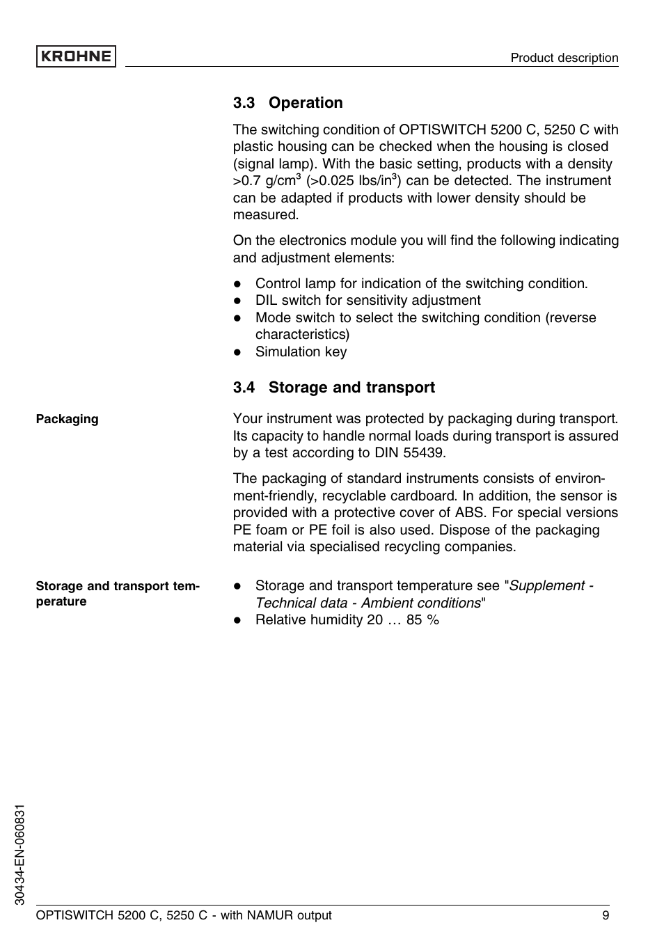 3 operation, 4 storage and transport | KROHNE OPTISWITCH 5200C Namur EN User Manual | Page 9 / 36