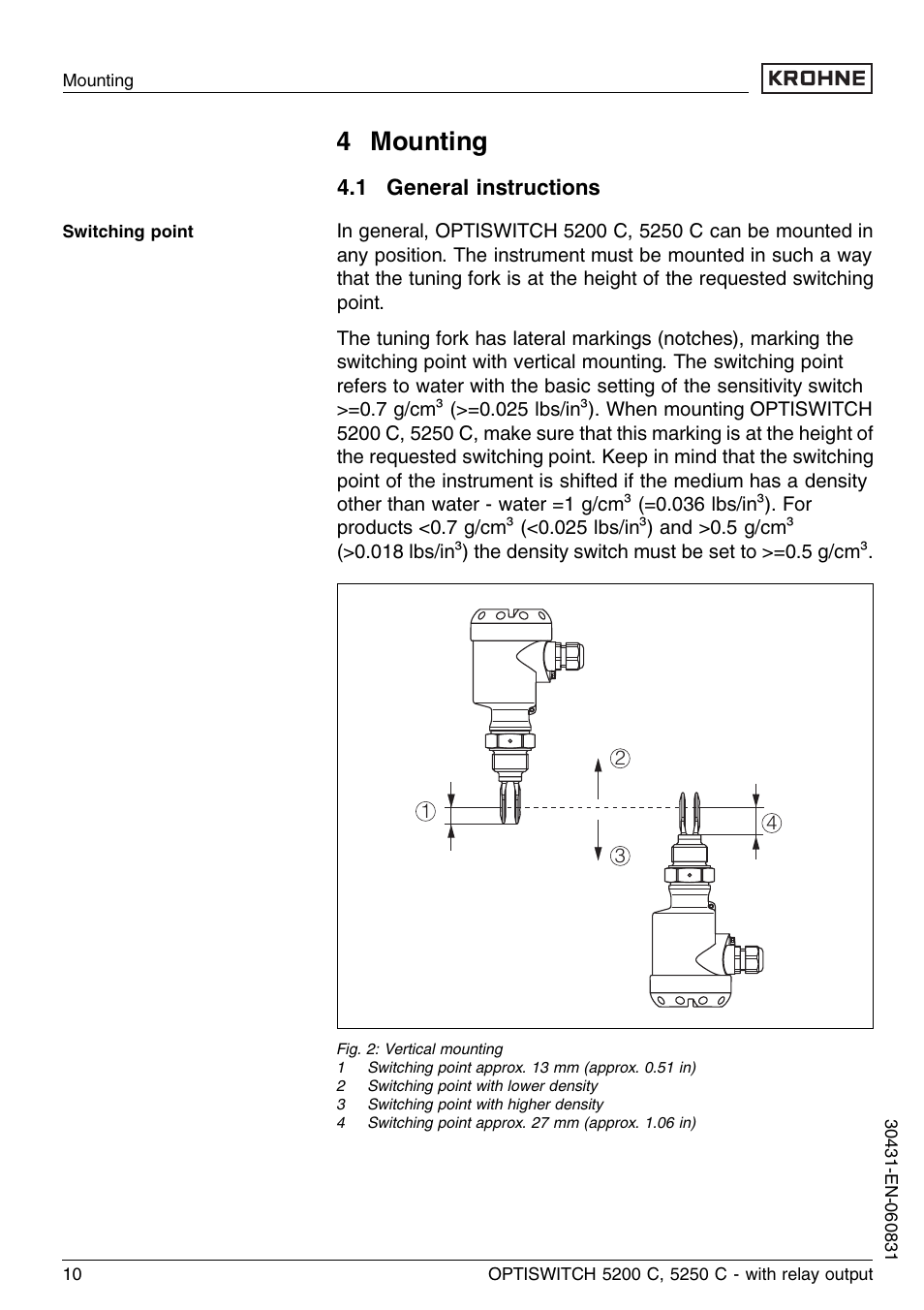 4 mounting, 1 general instructions | KROHNE OPTISWITCH 5200C Relay EN User Manual | Page 10 / 36