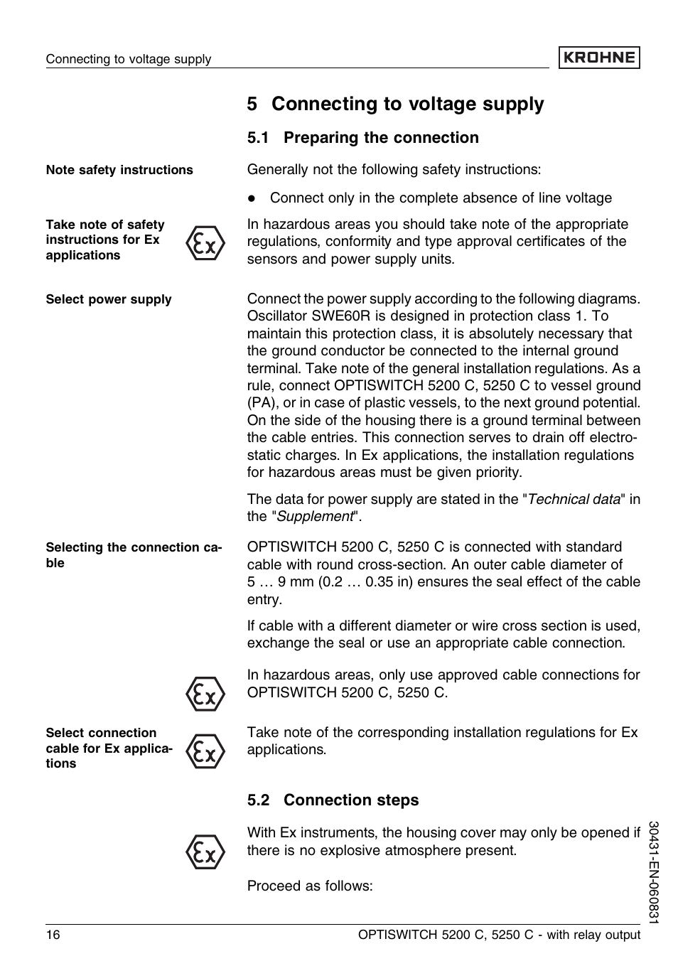 5 connecting to voltage supply, 1 preparing the connection, 2 connection steps | KROHNE OPTISWITCH 5200C Relay EN User Manual | Page 16 / 36