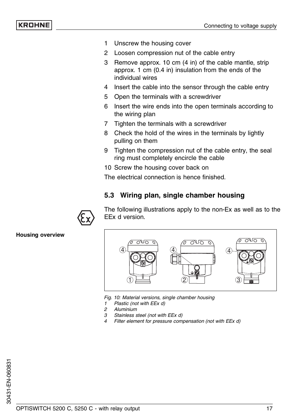 3 wiring plan, single chamber housing | KROHNE OPTISWITCH 5200C Relay EN User Manual | Page 17 / 36