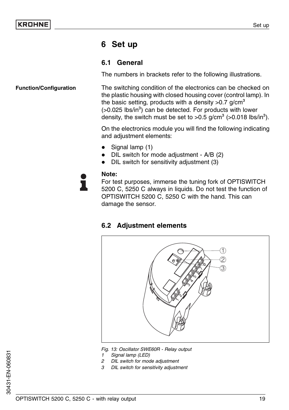 6 set up, 1 general, 2 adjustment elements | KROHNE OPTISWITCH 5200C Relay EN User Manual | Page 19 / 36