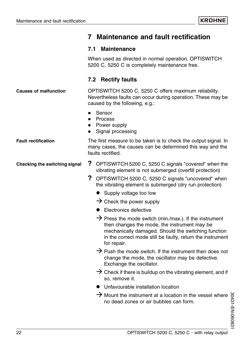 7 maintenance and fault rectification, 1 maintenance, 2 rectify faults | 7 maintenance and fault rectiﬁcation | KROHNE OPTISWITCH 5200C Relay EN User Manual | Page 22 / 36