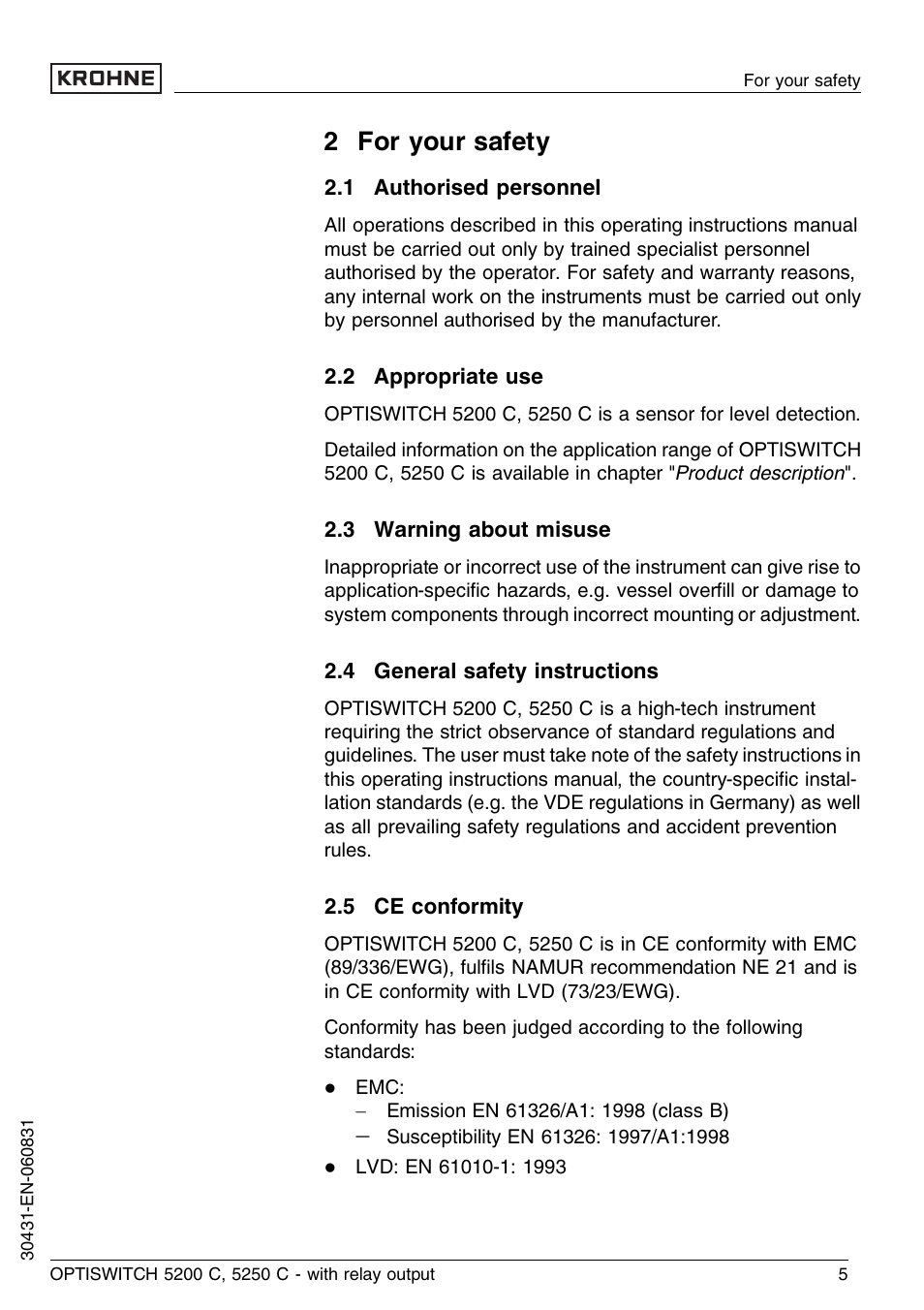 2 for your safety, 1 authorised personnel, 2 appropriate use | 3 warning about misuse, 4 general safety instructions, 5 ce conformity | KROHNE OPTISWITCH 5200C Relay EN User Manual | Page 5 / 36