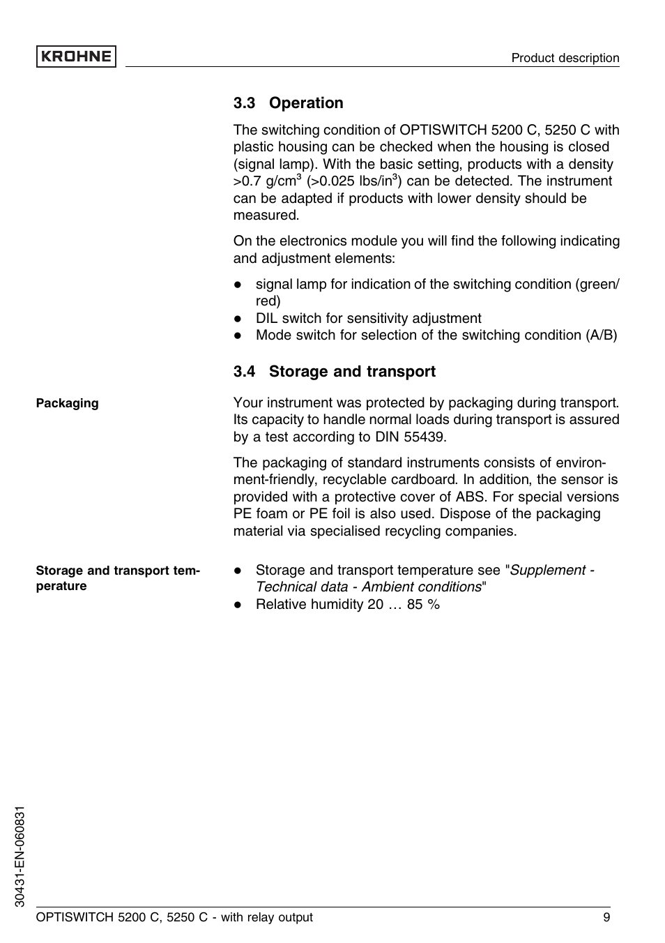 3 operation, 4 storage and transport | KROHNE OPTISWITCH 5200C Relay EN User Manual | Page 9 / 36